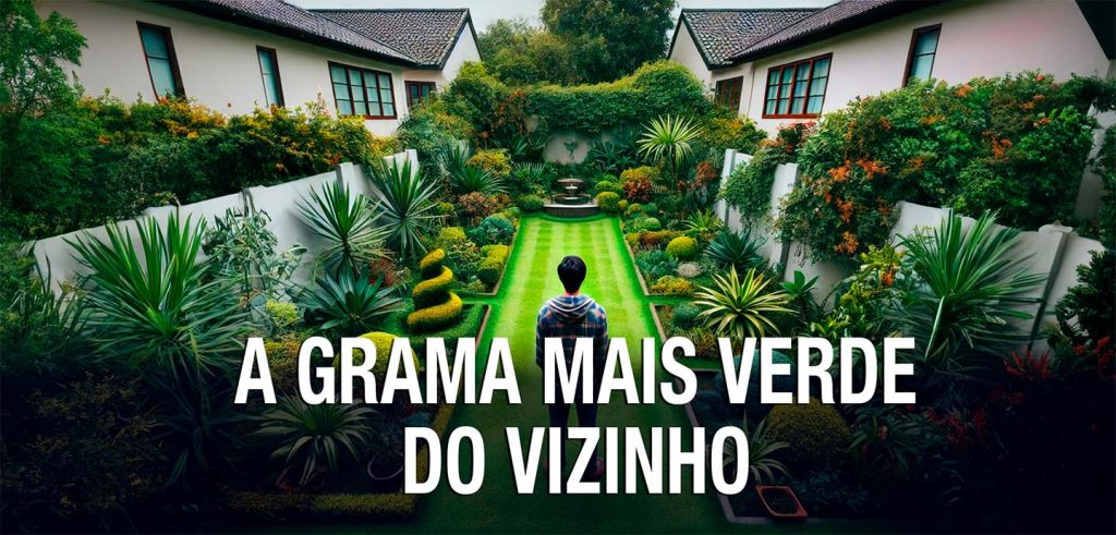 Um homem olhando a grama do vizinho que é mais verde.