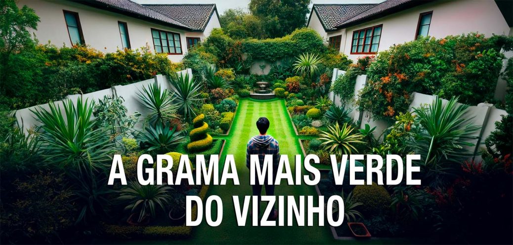 Um homem olhando a grama do vizinho que é mais verde.