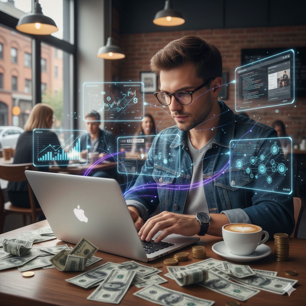 Empreendedor trabalhando com muito dinheiro na mesa