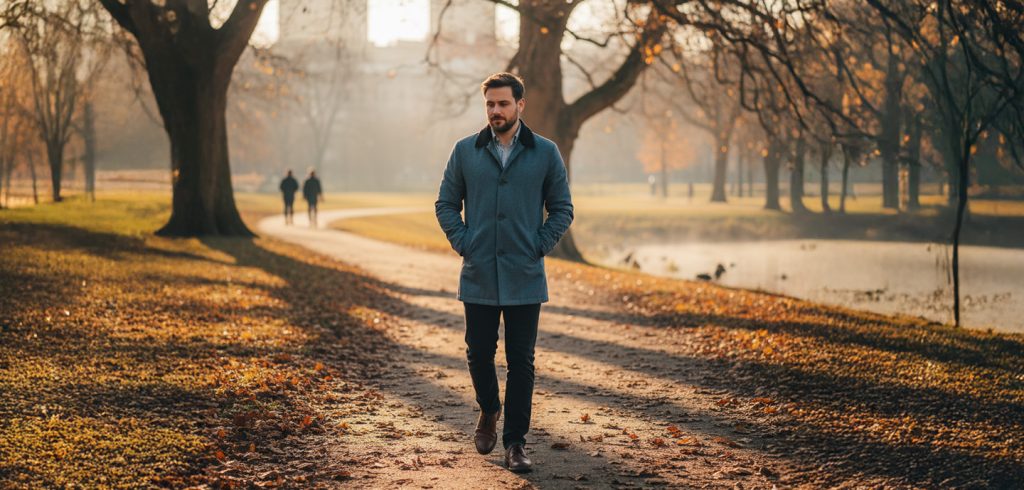 homem calmo caminhando no parque com roupas de inverno