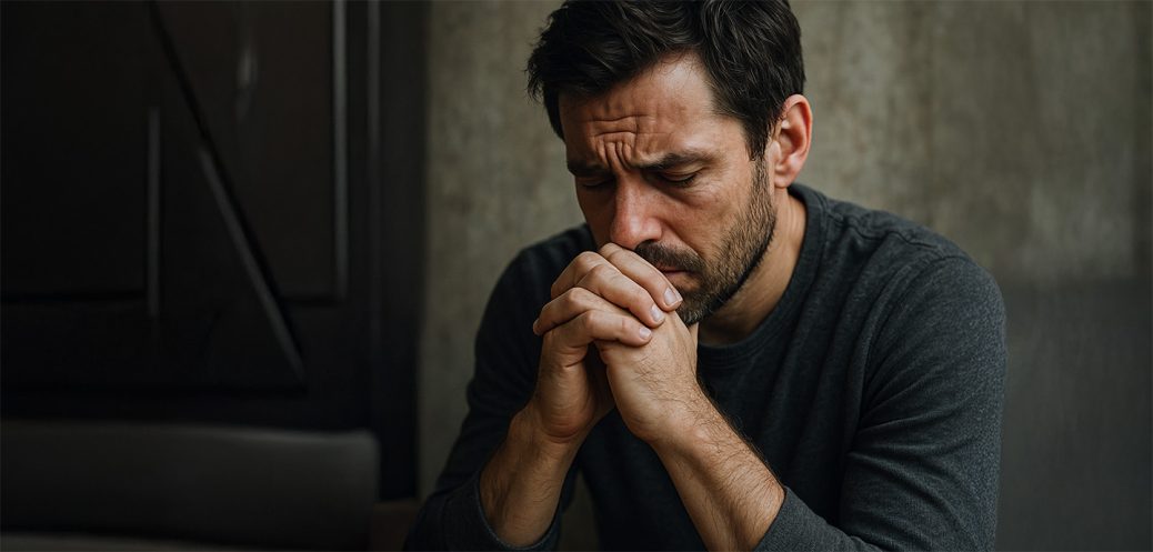 homem cena escura com semblante pesado arrependido e dialogo interno