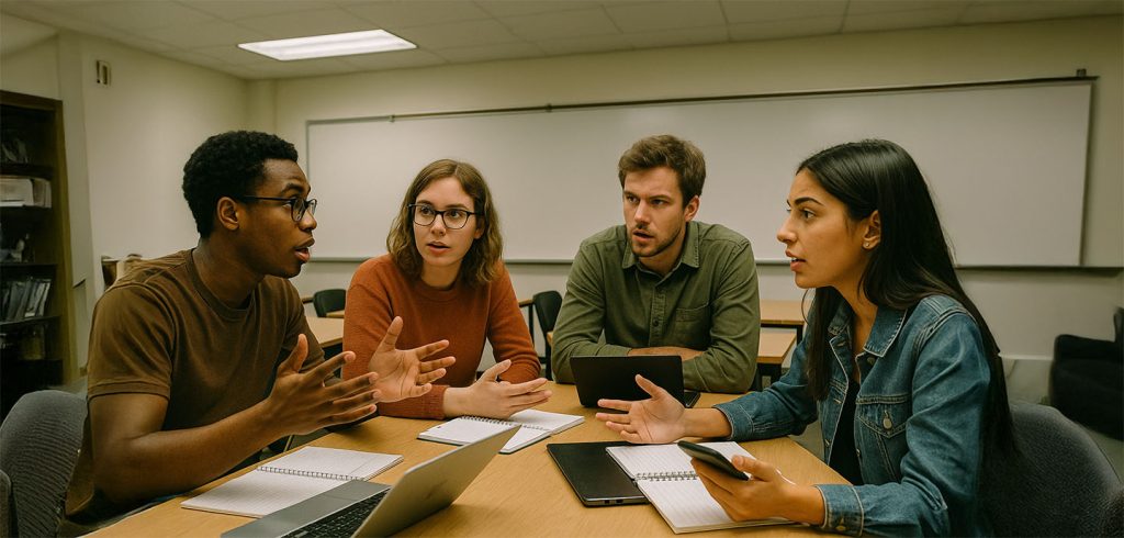 Pessoas em sala de aula discutindo sobre um tema