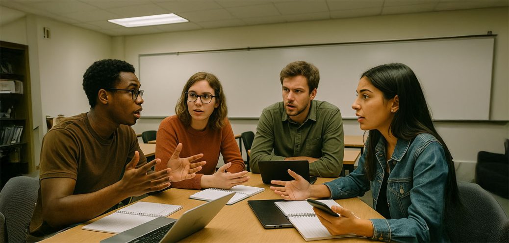 Pessoas em sala de aula discutindo sobre um tema