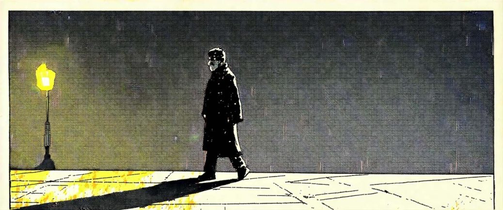 quadrinhos - homem caminhando na penumbra
