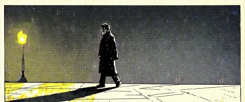 quadrinhos - homem caminhando na penumbra