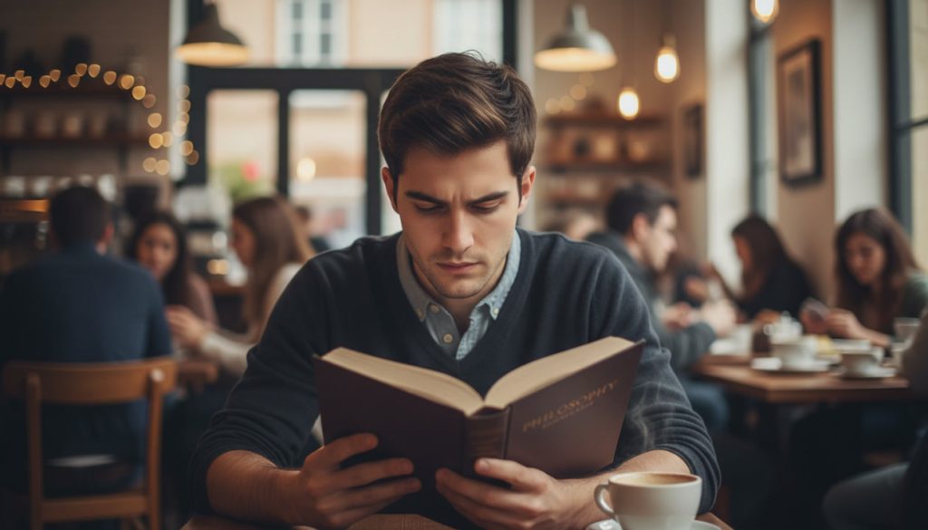 Homem sentado no café lendo um livro de filosofia