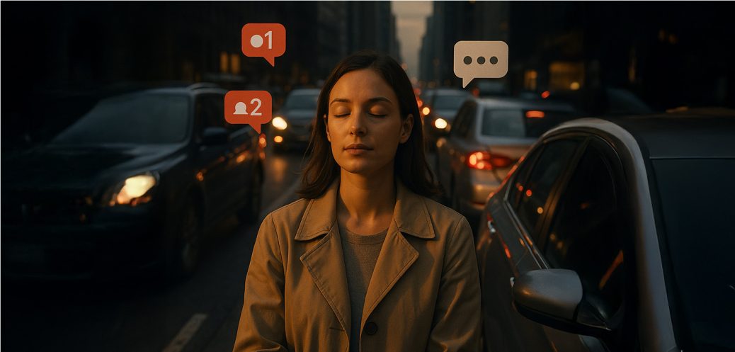 Mulher no Transito Pensando em Redes Sociais e como existe o peso da vida