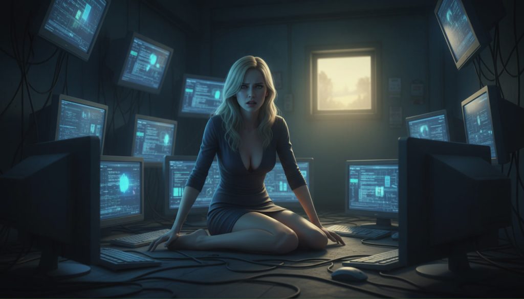 Mulher Loira de vestido sentada no meio de telas teclados mouse em um CPD