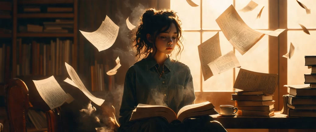 Mulher com Pilha de Livros Voando em um ambiente caótico