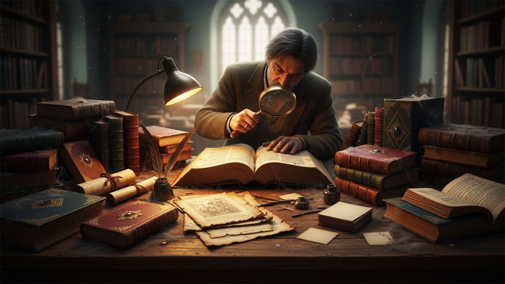 homem bibliotecário trabalhando sobre uma mesa em um livro antigo com folhas rasgadas em uma biblioteca