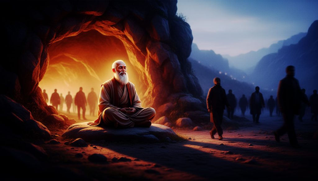 Mito da Caverna de Platão - Homens Saindo da Caverna e um Velho Sábio Meditando
