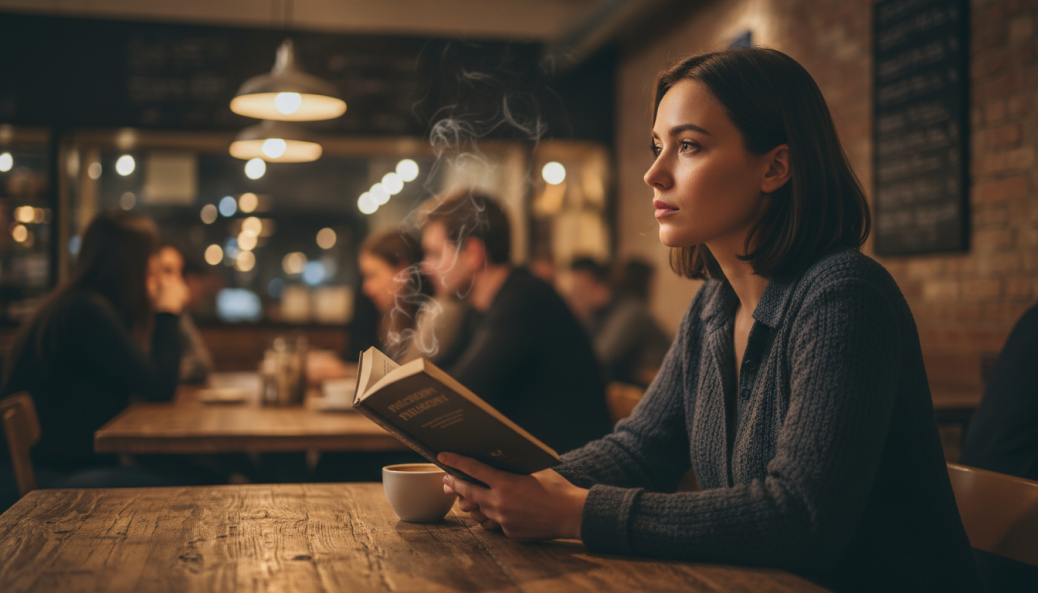 Mulher Sentada em um Café Lendo Livro Semblante Pensativo e concentrado