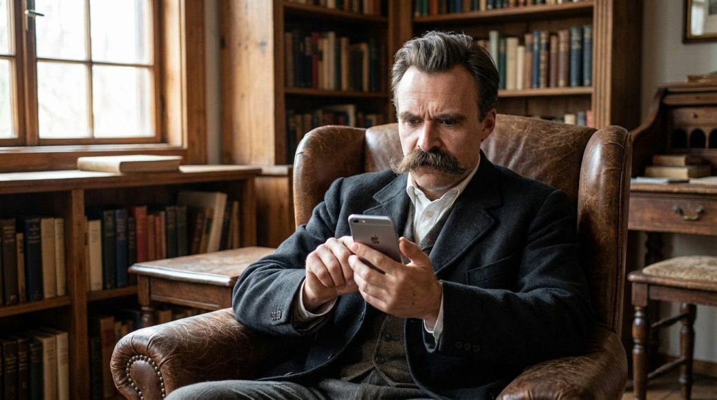 Friedrich Nietzsche, com o clássico bigodão, mexendo em um Smartphone