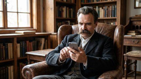 Friedrich Nietzsche, com o clássico bigodão, mexendo em um Smartphone